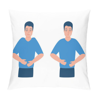 Personality  Man Is Doing Breathing Exercise, Deep Breath, Exhale And Inhale. Breathing Exercise. Healthy Yoga And Relaxation. Vector Illustration Pillow Covers