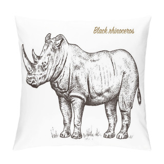 Personality  African Rhinoceros Wild Animal On White Background. Engraved Hand Drawn Line Art Vintage Old Monochrome Sketch, Ink. Vector Illustration For Label. Safari Symbol. Pillow Covers
