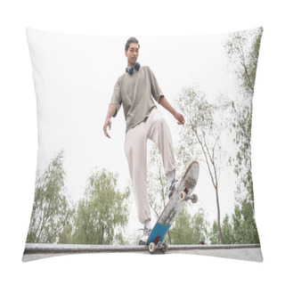 Personality  Low Angle View Of African American Man Riding Skateboard In Skate Park Pillow Covers