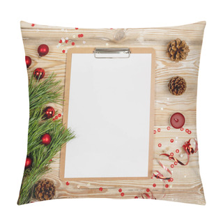 Personality  Christmas Decorations Mockup With White Clipboard Top View. Blank Sheet With Red Pencil For Wish List Or Xmas Greeting Card With Copy Space Pillow Covers