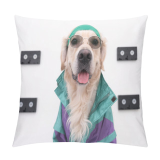 Personality  Stylish Dog In A 90s Blazer And Videotape. Portrait Of A Golden Retriever With Glasses Against A White Wall. Fashion Trends, Street Look. Let's Go Back To The 90s 80s. Pillow Covers