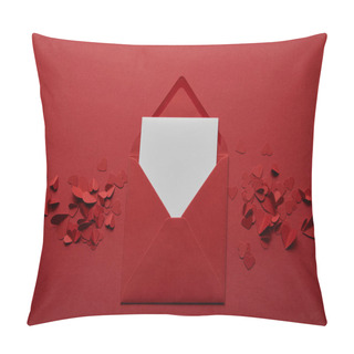 Personality  Top View Of Blank White Letter In Envelope With Paper Cut Hearts On Red Background Pillow Covers