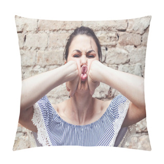 Personality  Funny Woman Making Silly Grimace Pressing Mouth Pillow Covers