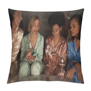 Personality  Positive Multiethnic Girlfriends In Pajama Sitting Near African American Friend With Tarot Cards And Glasses Of Wine During Girls Night At Home, Bonding Time In Comfortable Sleepwear, Divination  Pillow Covers