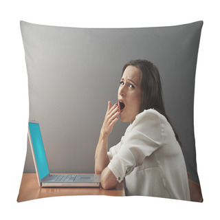 Personality  Boring Woman Sitting With Laptop Pillow Covers