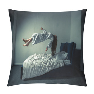 Personality  Creepy Woman In Nightgown Sleeping And Levitating Over Bed Pillow Covers