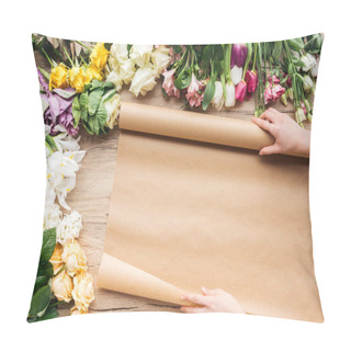 Personality  Cropped View Of Florist With Craft Paper And Colorful Flowers On Wooden Surface Pillow Covers