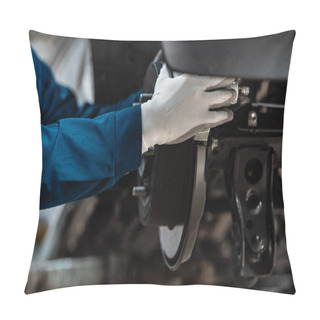 Personality  Cropped View Of Mechanic Installing Brake Pad On Disk Brakes Pillow Covers