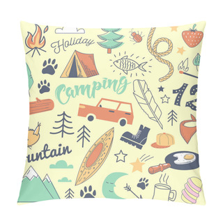 Personality  Camping Freehand Hand Drawn Doodle. Mountain Holidays With Tent, Animals And Forest. Vector Illustration Pillow Covers