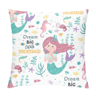 Personality  Seamless Pattern With Cute Mermaids, Seaweed Pillow Covers