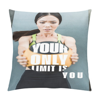 Personality  Selective Focus Of Girl Holding Ball While Lying On Fitness Mat Near Your Only Limit Is You Letters  Pillow Covers