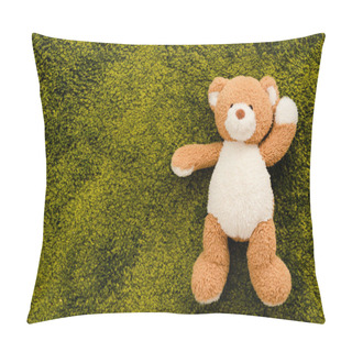 Personality  Top View Of Plush Brown Bear On Green Soft Carpet Pillow Covers