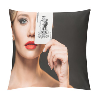 Personality  Attractive Girl With Makeup Covering Eye With Joker Card Isolated On Black Pillow Covers