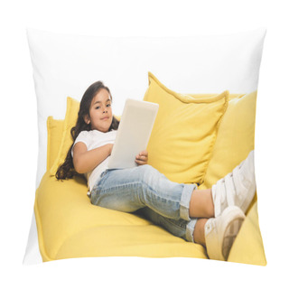 Personality  Selective Focus Of Happy Latin Kid Using Digital Tablet While Lying On Sofa Isolated On White  Pillow Covers