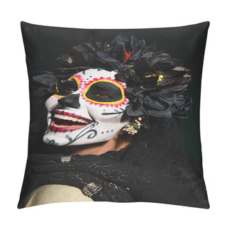 Personality  Cheerful Woman With Santa Muerte Makeup Touching Skull On Dark Green Background  Pillow Covers