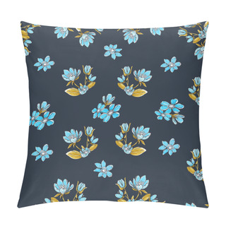 Personality  Watercolor Illustration Seamless Pattern Small Blue Flowers In A Bouquet With Leaves On A Dark Background,for Wallpaper Or Furniture Pillow Covers