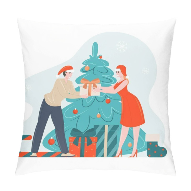 Personality  Xmas people giving New Year gifts vector illustration cartoon characters couple exchanging festive presents together pillow covers