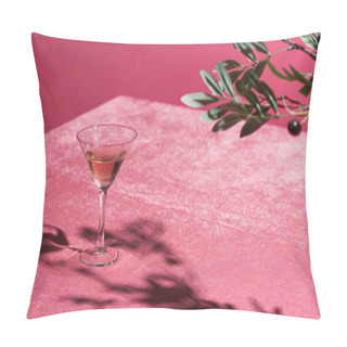 Personality  Selective Focus Of Olive Tree Branch Near Rose Wine In Glass On Velour Pink Cloth Isolated On Pink, Girlish Concept Pillow Covers