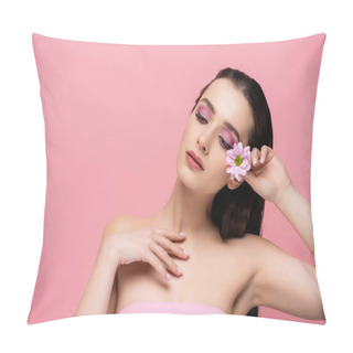 Personality  Sensual Young Woman Holding Flower While Looking Away Isolated On Pink Pillow Covers