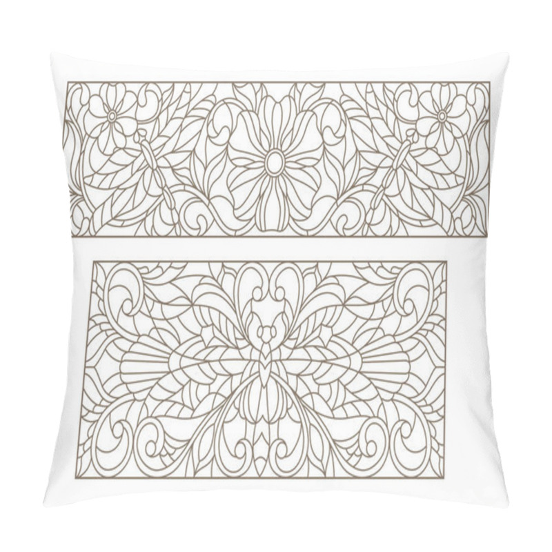 Personality  Set contour illustrations of stained glass with a dragonfly and flowers , black contour on white background pillow covers
