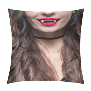 Personality  Cropped View Of Woman Showing Vampire Fangs Pillow Covers