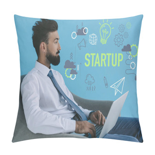 Personality  Bearded Businessman Using Laptop And Sitting In Armchair, On Blue With Startup Icons And Light Bulb Pillow Covers