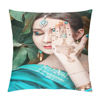 Personality  The Girl In The Blue Indian Costume. Pillow Covers