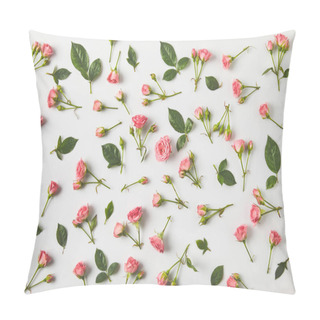 Personality  Top View Of Background From Beautiful Pink Roses And Green Leaves On Grey  Pillow Covers