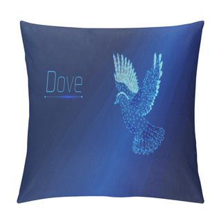 Personality  A Dove Flaps Its Wings Or Flies. A Pigeon Is A Symbol Of Peace. Rays Of Light Fall On Him, Illuminating The Bird.plexus,dots,wireframe,vector Illustration,triangle,eps 10,dark-blue Background Pillow Covers