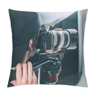 Personality  Selective Focus Of Operator With Camera Working In Photo Studio Pillow Covers