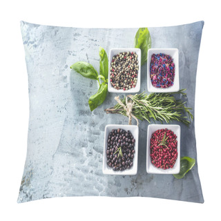 Personality  Top View Of Various Herbs And Spices On Grey Surface Pillow Covers