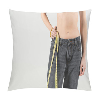 Personality  Cropped View Of Fit Woman In Jeans Standing With Hand On Hip And Measuring Tape Isolated On Grey Pillow Covers