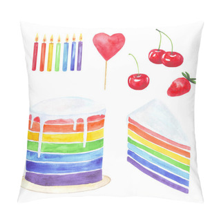 Personality  Watercolor Clipart Rainbow Cake, Piece Of Cake, Candles, Strawberries, Cherries, Heart - Set Of Design Elements Pillow Covers