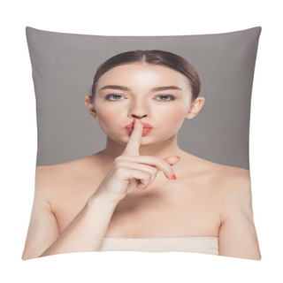 Personality  Beautiful Girl Looking At Camera And Doing Silent Gesture Isolated On Grey Pillow Covers
