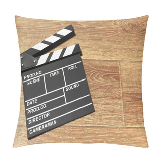 Personality  Close Up Of Film Clapper Board On Wooden Table Pillow Covers