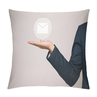 Personality  Partial View Of Businessman In Suit Gesturing And Presenting Email Icon Isolated On Grey Pillow Covers