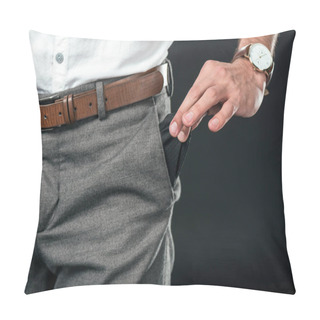Personality  Cropped View Of Poor Businessman With Empty Pocket, Isolated On Black Pillow Covers