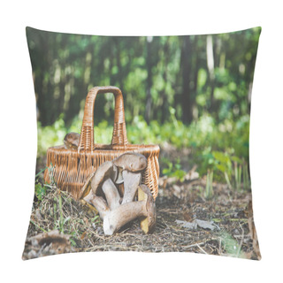 Personality  Group Of White Mushrooms Near Wicker Basket In Forest Pillow Covers