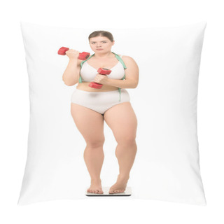 Personality  Overweight Woman With Dumbbells On Scales Pillow Covers
