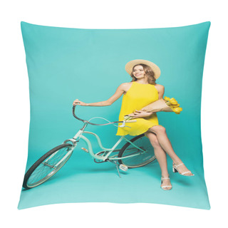 Personality  Smiling Woman In Sun Hat Holding Tulips Near Bicycle On Blue Background  Pillow Covers