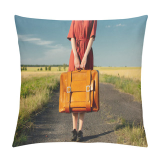 Personality  Girl In Red Dress With Suitcase On Country Road In Sunset. Low Side View Pillow Covers