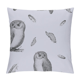 Personality  Hand Drawn Isolated  Black White Seamless Pattern Owl Fly Bird. Pillow Covers