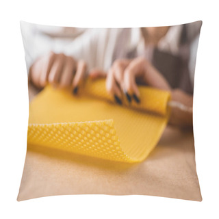 Personality  Partial View Of African American Craftswoman Rolling Natural Wax Sheet On Blurred Background Pillow Covers