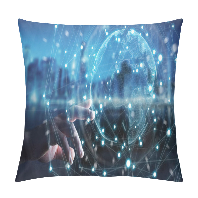 Personality  Businessman using planet earth network sphere 3D rendering pillow covers