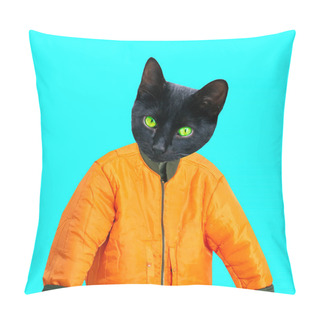 Personality  Contemporary Art Collage. Hipster Cat In Orange Bomber Jacket Pillow Covers