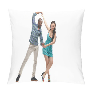 Personality  Black Man And Caucasian Woman In Casual Clothes In Incendiary Dance Isolated On White Background. Pillow Covers