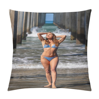 Personality  Breathtaking Woman Basks In Beach Bliss, Near A Pier, Under Clear Blue Skies, Embracing The Serenity Of A Perfect Day By The Sea Pillow Covers