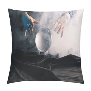 Personality  Cropped View Of Witch Performing Ritual With Crystal Ball On Dark Background Pillow Covers