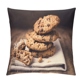 Personality  Chocolate Cookies On White Linen Napkin On Wooden Table. Pillow Covers
