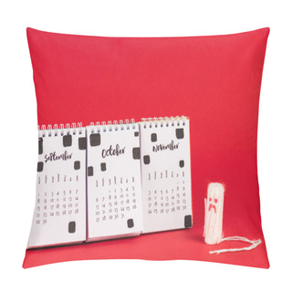 Personality  Hygienic Tampon With Sad Face Expression Near Calendar With Autumn Months On Red Background Pillow Covers